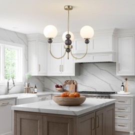 BOKT Mid Century Globe Glass Chandeliers Modern Gold Chandelier Farmhouse Adjustable Rod Ceiling Pendant Light Brushed Brass 3-Head Sputnik Ceiling Hanging Light for Bedroom Kitchen Foyer