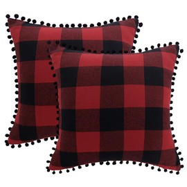 PiccoCasa Pack of 2 Decorative Cushion Covers, Check Throw Pillow Covers with Pom-poms - Classic Retro Cushion Covers for Sofa Bedroom, 45x45cm/18x18 in Throw Pillow Cases Red and Black
