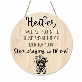 Beabes Welcome Sign Front Door Decoration Heifer I Will Put You in The Trunk 12in Wooden Hanging Wreath Rustic Style - Home Decor Outdoor