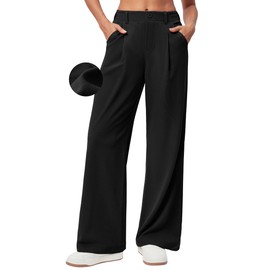 Ewedoos Wide Leg Stretchy Work Pants Slacks for Women Business Casual Pants High Waisted Waffle 26''/28'' Dress Pants Black