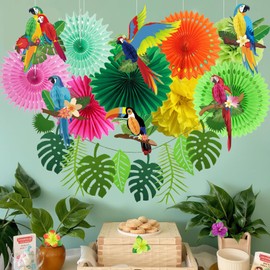 Gibocot 15 Pcs Hawaiian Paper Decorations, Tropical Birds Honeycomb Parrot 8.2ft Tropical Palm Leaves Garland Bunting Green Pom Poms Hanging Paper Fans for Summer Luau Jungle Theme Party
