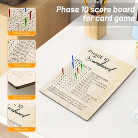 Phase 10 Score Board, Wooden Phase 10 Scoreboard with 8 Colored Pegs, Phase 10 Score Sheets Board for Card Games, 10 Scorecard and Round Tracker for Party Family Table Score Boards
