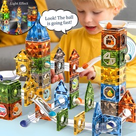 ROHSCE Glowing Magnetic Marble Run Set 142PCS, STEM Educational Magnet Building Toys, 4D Diamond Surface Light Magnetic Tracks, Creative Marble Maze Gift for Boys and Girls Ages 3-12