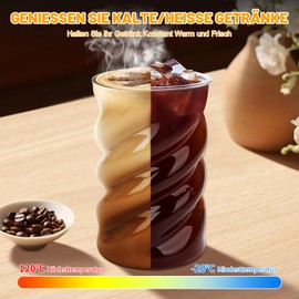 SILRIVES Glass Cups with Lid and Straw, Pack of 2, Bubble Cocktail Glasses, Iced Coffee Glasses, 500 ml, Long Drink Glasses, Ribbed Drinking Glasses with Lid and Straw for Latte Macchiato, Matcha