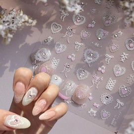 Bow Nail Art Stickers 5D Embossed Romantic Heart Nail Stickers with Rhinestones Lace Heart Charms Cute Nails Decals Summer Bow Strawberry Cherry Nails Supplies Valentines Sticker for Manicure Decor