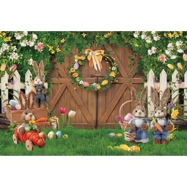 Renaiss 2.5 x 1.8 m Spring Easter Background for Photography Wooden Door Grass Flowers Easter Eggs Rabbit Background Party Decoration Baby Children Portrait Photo Booth Props