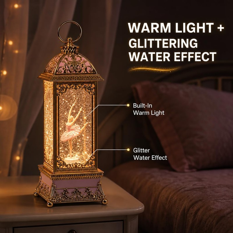 Ballerina Musical Snow Globe Lantern, Gold & Pink Spinning Figurine