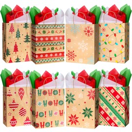 24 Large Christmas Gift Bags with Handles 10 X 13 X 5'', Bulk Large Christmas Bags for Gifts with 24 Tissue Paper, 8 Styles Xmas Kraft Paper Gift Bags for Wrapping Christmas Holiday Presents