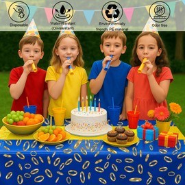 3-Pack Blue & Gold Ring Print Plastic Tablecloths - 108"x54" Video Game Theme Table Cover Party Decor - Birthday Celebration Supplies