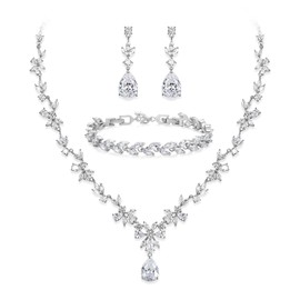 BriLove Gorgeous Wedding Jewelry Set for Women Bridal Cubic Zirconia Marquise Teardrop Leaf Vine Cluster Y-Necklace Dangle Earrings Link Bracelet Clear Silver-Tone