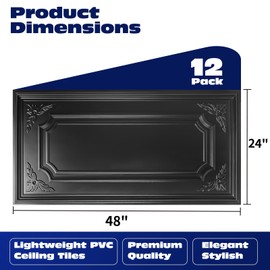 Art3dwallpanels 12 Pack Drop Ceiling Tiles, 2x4 Ft PVC Decorative 3D Wall Panel, Glue Up Ceiling Covering Panels for Basement Kitchen Bathroom, 24x48 Inch, Cover 96 Sq. Ft, Black