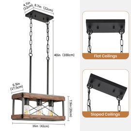 HOXIYA Farmhouse Kitchen Island Light, 3 Lights Pendant Lighting Fixture, Rustic Wood Chandelier, Adjustable Height Metal Linear Light for Dining Room Kitchen Bar Pool Table.