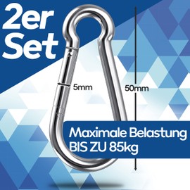 GARSIDURO® Stainless Steel Carabiner | Set of 2 5 x 50 mm | Snap Hook DIN 5299 Rustproof | Fire Brigade Carabiner with Snap Lock Suitable as Keyring Carabiner or Heavy Duty Carabiner