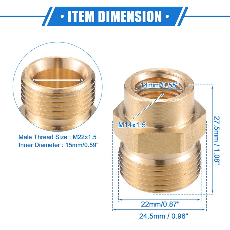 VekAuto M14x1.5 to 15mm M22x1.5 Female to Male Adapter Brass