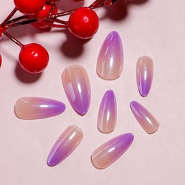 Ombre Press On Nails - Medium Almond Chrome False Nails with Purple Gradient Design - Glossy Full Cover Glue Ons - 24pcs