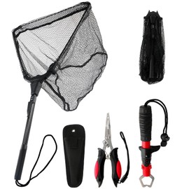 3Pcs Fishing Tool Kit Includes Folding Fishing Landing Net, Fish Lip Gripper, Multifunctional Fishing Pliers with Lanyard Sheath, Fishing Gear Accessories Equipment Fishing Gifts for Fishermen
