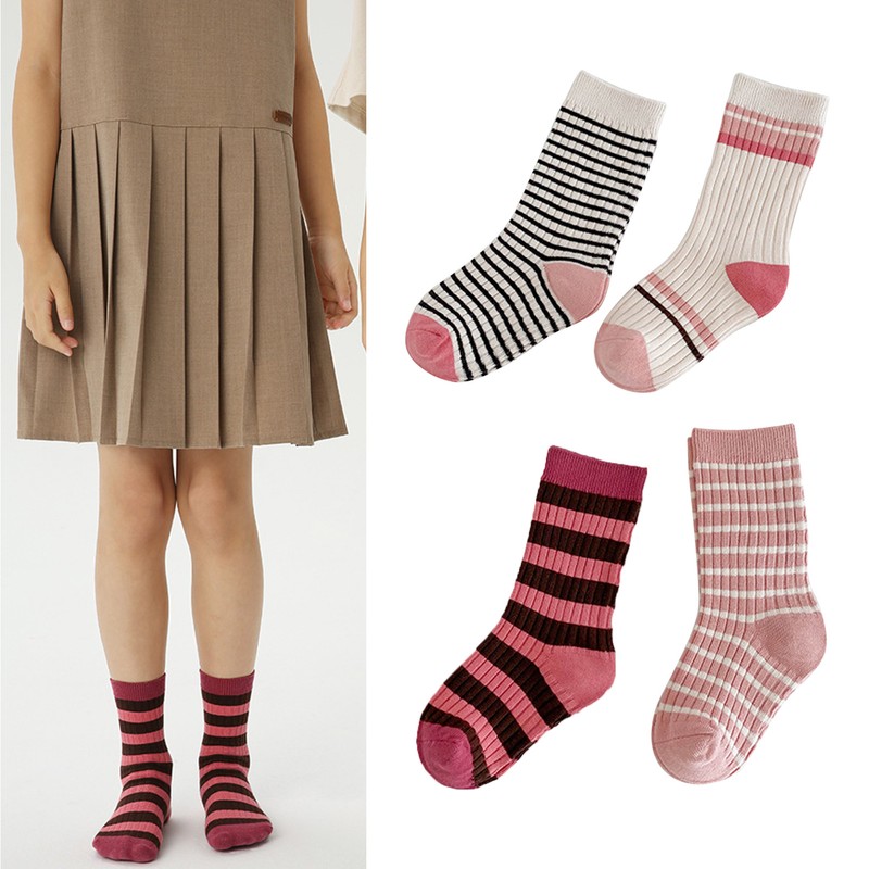Kids Socks Mid Calf Striped Soft Breathable Combed Cotton Boys