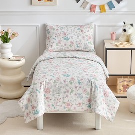 DuShow Cotton Cot Bed Duvet Cover Set,Pink Floral Toddler Duvet And Pillowcase Set For Girls,Reversible Junior Toddler Bedding Set Pink-120 x 150 cm