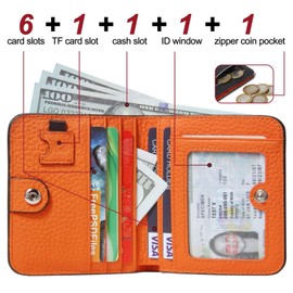 GADIEMKENSD Small Wallet Top Grain Leather RFID Blocking Mini Bifold Ultra Slim Minimalist Purse with Zipper Coin Pocket, Black/Orange, Minimal