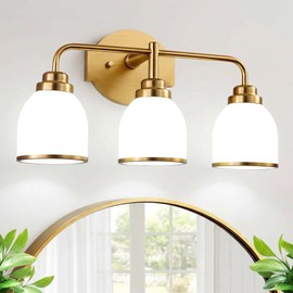 EvmVom 3-Light Brushed Gold Bathroom Light Fixtures, with Milk White Glass