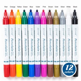ZEYAR Acrylic Paint Pens for Porcelain, Professional Ceramic painting, 12 colors Water-based, Medium Point, Water and Fade Resistant, DIY on Mugs and other Ceramics for Permanent Collection