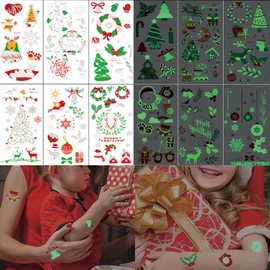 XMASIR 12 Sheets Christmas Tattoo Children, 150 Pieces Luminous Temporary Tattoos Stickers Waterproof Glitter Temporary Tattoos Children's Tattoos for Boys and Girls