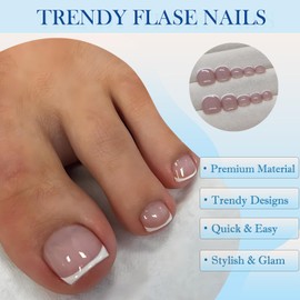24Pcs French Tip False Toenails - Press On Nails Short Square Nude Pink Fake Toe Nails with Glue - Minimalist Design Full Cover Acrylic Stick On Toenails for Women DIY Nail