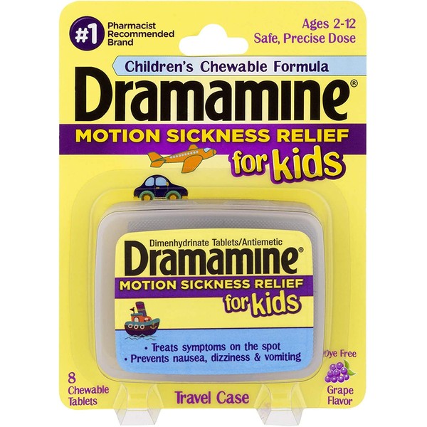 Dramamine Motion Sickness Relief for Kids, Grape Flavor,8 Count (Pack of 2)