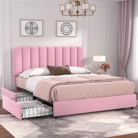 VECELO Queen Size Upholstered Bed Frame with 4 Drawers and Headboard, Velvet Platform Storage Bedframe, Wooden Slats Support, No Box Spring Needed,Pink