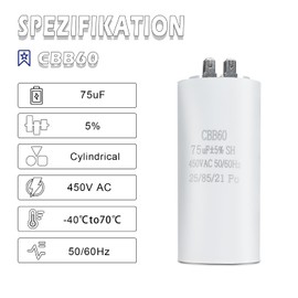 Iruihoo CBB60 75UF Starting Capacitor Capacitor Plug 450V 750µF Capacitor 50/60Hz Motor Run Capacitor for Electric Motor