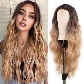 Ulzzviy Long Ombre Blonde Wavy Wig for Women Synthetic Curly Hair Wigs 24 Inch Middle Part Heat Resistant Fibre for Daily Party Use