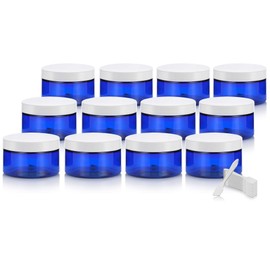 Cobalt Blue PET Plastic (BPA Free) Refillable Low Profile Jar with White Lid - 4 oz (12 Pack)