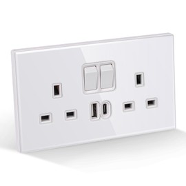 CNBINGO Double Switched Socket with 20W PD USB C and A Fast Charging Ports, Electric Power Sockets 2 Gang 13 Amp, Wall Outlet White Tempered Glass Panel, 1 Pack