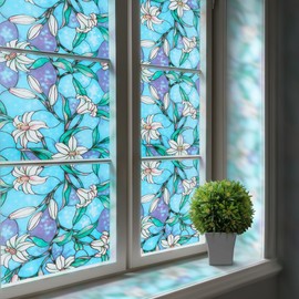 rabbitgoo Stained Glass Window Film, Anti UV Heat Blocking Privacy Film for Glass Window Door Covering, Static Cling Removable Decorative Privacy Sticker for Bathroom, Blue Lily, 17.5 x 78.7 Inches