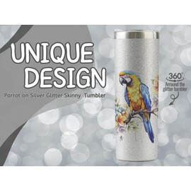 Onebttl Parrot Gifts for Parrot Lovers, 20oz Silver Glitter Skinny Tumbler included Lid & Straw