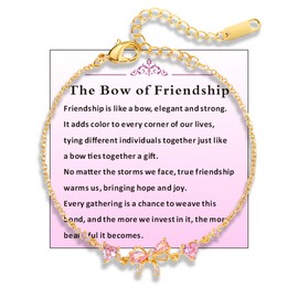 LUDKCCIR Gold Bow Bracelet for Women, Zircon Adjustable Ribbon Bow Friendship Chain Pink Clasp Bracelet Trendy Sisters Friends BFF Jewelry Wedding Gift for Her, 6.3", Cubic Zirconia