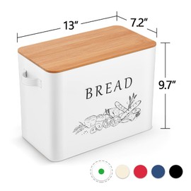 P&P CHEF Bread Box for Kitchen Counter, Metal Bread Storage Bin with Wooden Cutting Lid, Large Capacity for Holding 2+ Loaves, Retro Modern Style, Size 13” x 7.2” x 9.7”, White