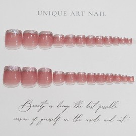 French Tip Press on Toe Nails Pink Fake Toe nails with Nail Glitter Designs False Toenails Square Glue on Toenails Pink Stick on Toe Nails Glossy Acrylic Toenails Full Cover Artificial Toenails