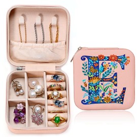 Leatrice Diamond Art Jewelry Box Girls Mini Jewelry Box Earring Box Christmas Gifts Birthday Gifts for Teen Girl Women Mom Sister Friends Bestie（Letter E, Pink）