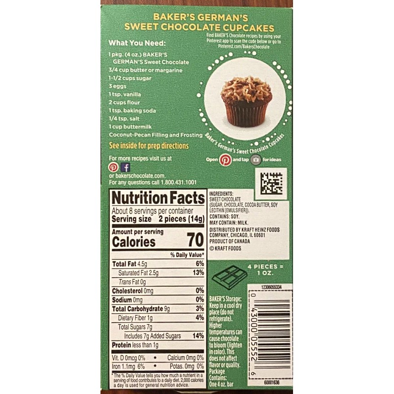 Bakers BAKER'S German's Sweet Chocolate 48% CACAO Bar 4oz -