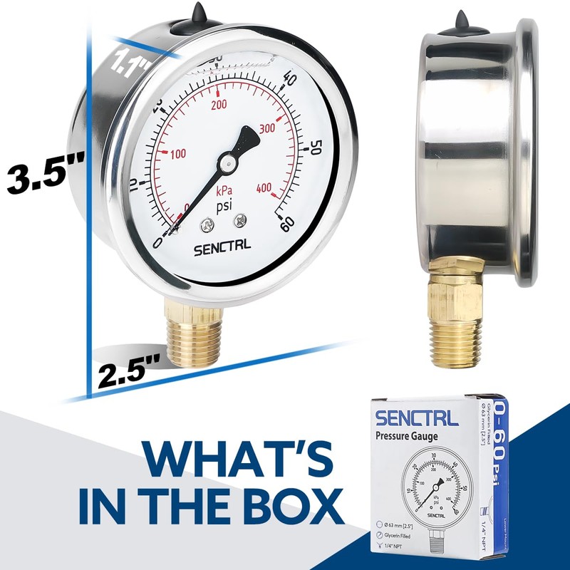 SENCTRL 60 Psi Glycerin Liquid Filled Low Pressure Gauge, 2.5"