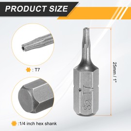 HARFINGTON 2pcs T7 Torx Screwdriver Bit 1/4" Hex Shank 25mm/1" Length S2 Steel Star 6 Point Head Hex Security Screw Driver Bits with Hole for Impact Electric Screw Driver Power Tools, Grey