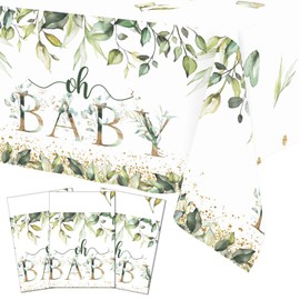 Mocsicka 3 Pieces Sage Greenery Oh Baby Tablecloths Eucalyptus Leaf Plastic Disposable Tablecover Baby Shower Rectangle Tables Cover for Boy Greeery Leaves Party Decorations 108x54 Inch…