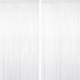 YEURFONTASY White Tinsel Backdrop Foil Fringe Curtains - 2 Packs Door Streamers Backdrop for Birthday Door Decorations, Party Supplies for Bachelorette, Graduation, Christmas, Disco Decor