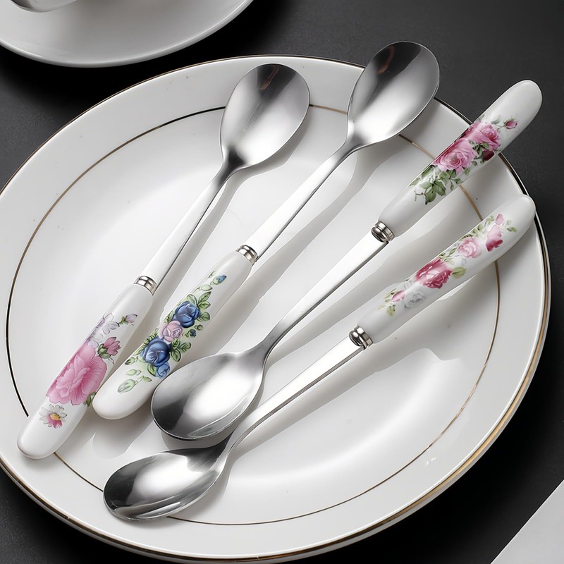 4-in-1 Stainless Steel & Ceramic Coffee Spoon Set - Elegant