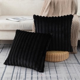 ZLINA Set of 2 Faux Fur Plush Black Throw Pillow Covers Fluffy Striped Pillowcase Cushion Covers for Sofa Couch Bedroom 22x22 Inch