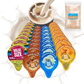Coffee Creamer Liquid Singles International Delight Caramel Macchiato, French Vanilla, Hazelnut and Land O'Lakes Mini Moo's Half and Half Creamer Variety Pack Plus Doomi Wooden Stirrers (72 Pack), 4 Flavor Assortment Coffee Creamer Singles for Home, Office, Coffee, Bar, Gift