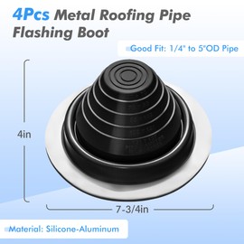 #3 Metal Roof Vents Flashing, Pipe Roofing Boots Kit for Houses Fits Pipe Od 1/4" to 5", High Temp Silicone Roof Jacks Include Roofing Screws & Hex Socket and Scissors - 4 Pcs, Black