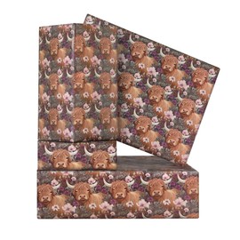 Highland Cow Wrapping Paper For Kids Girls Boys, Watercolor Yak Wrapping Paper - 4 Sheets Folded Flat 20x28 Inch Floral Cow Gift Wrap for Yak Theme Birthday Wedding Holiday