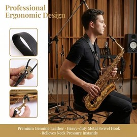Correa ajustable para el cuello de saxofón – piel premium para un cómodo juego de saxos Alto/Tenor, Negro -, Medium